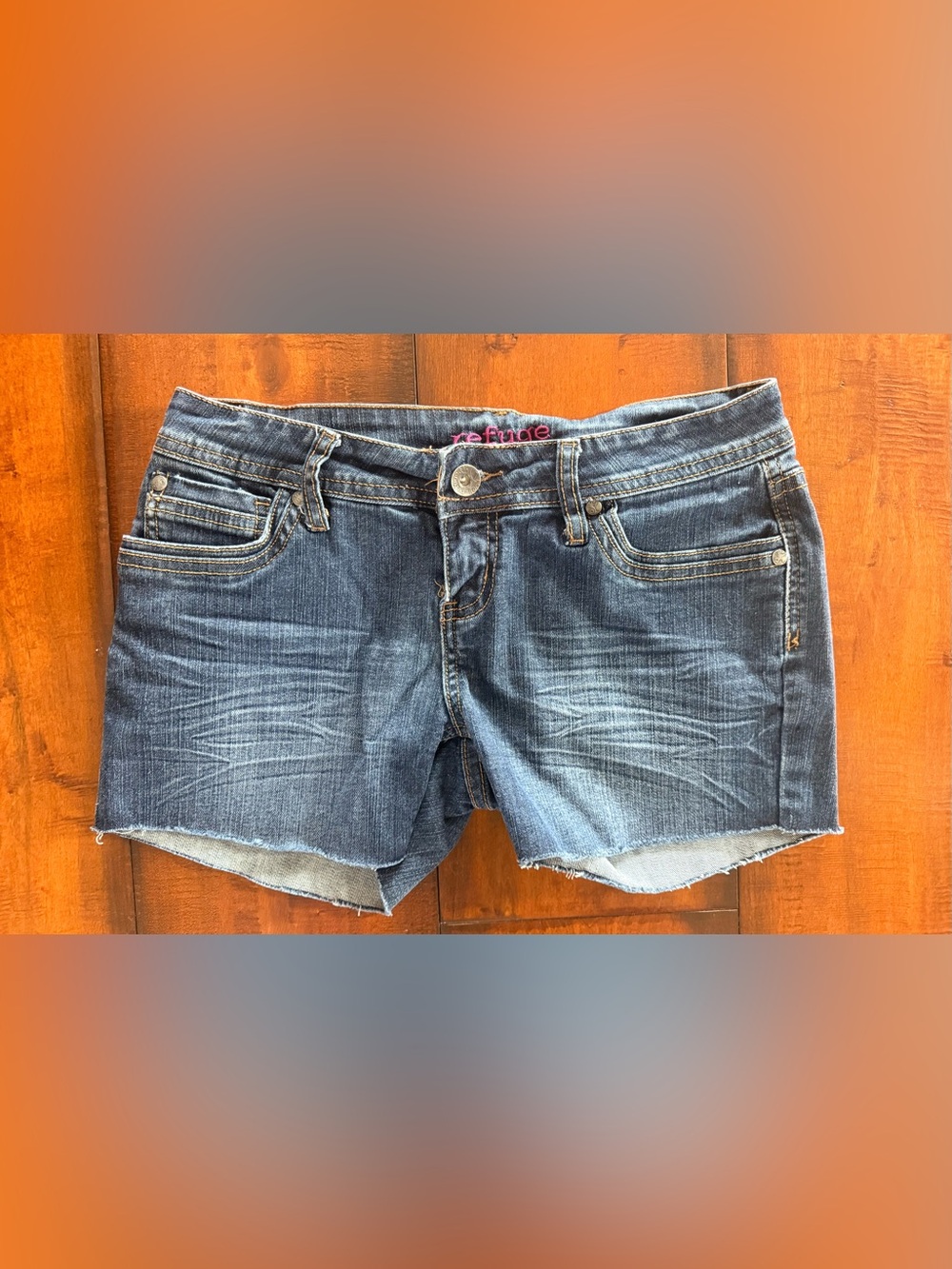 refuge Indigo Blue Denim Cutoff Shorts with Frayed Hem